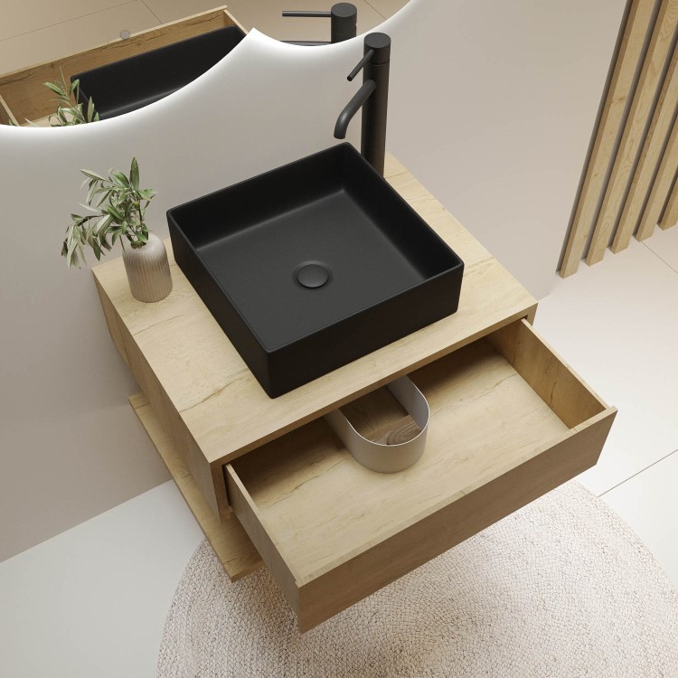 600mm Oak Wall Hung Countertop Vanity Unit with Black Square Basin and Shelf - Lugo