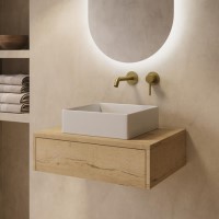 600mm Oak Wood Effect Wall Hung Countertop Vanity Unit with Square Basin - Lugo