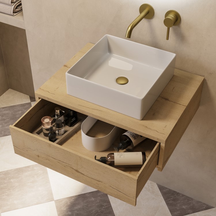 600mm Oak Wood Effect Wall Hung Countertop Vanity Unit with Square Basin - Lugo