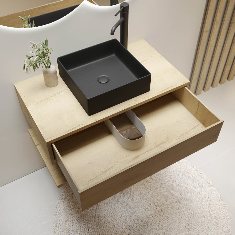 800mm Oak Wall Hung Countertop Vanity Unit with Black Square Basin and Shelf - Lugo