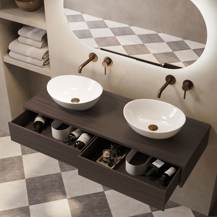 1200mm Walnut Wood Effect Wall Hung Countertop Vanity Unit with Oval Basin - Lugo