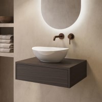 600mm Walnut Wood Effect Wall Hung Countertop Vanity Unit with Oval Basin - Lugo