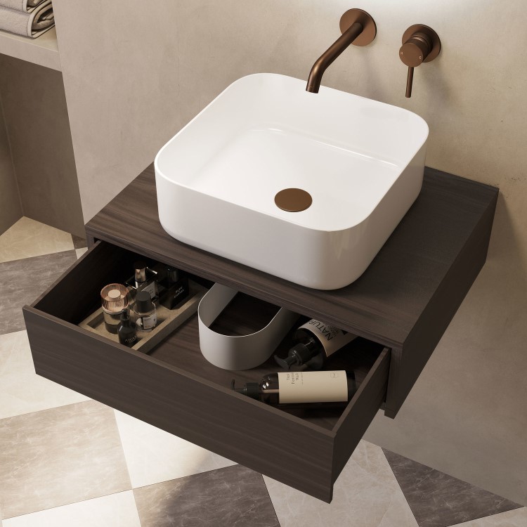 600mm Walnut Wall Hung Countertop Vanity Unit with Curved Square Basin - Lugo