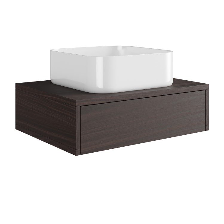 600mm Walnut Wall Hung Countertop Vanity Unit with Curved Square Basin - Lugo