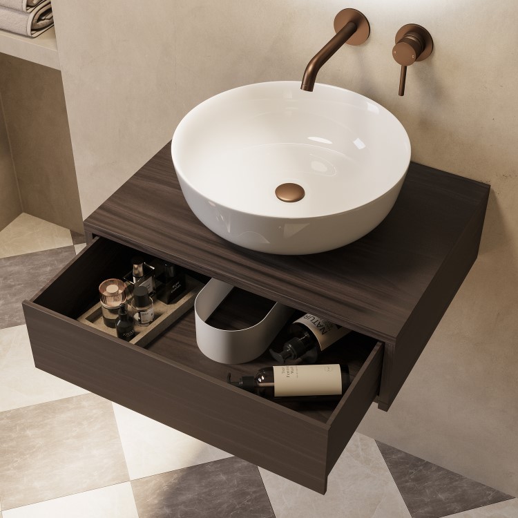 600mm Walnut Wood Effect Wall Hung Countertop Vanity Unit with Basin - Lugo