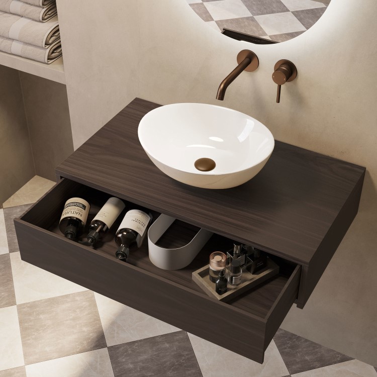 800mm Walnut Wood Effect Wall Hung Countertop Vanity Unit with Oval Basin - Lugo