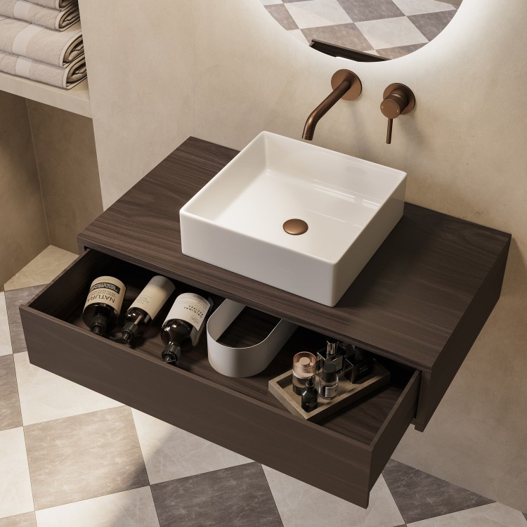 800mm Walnut Wall Hung Countertop Vanity Unit with Square Basin - Lugo