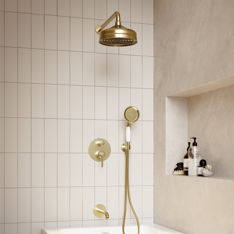 Brushed Brass 2 Outlet Mixer Shower Set With Bath Filler Spout - Lyla