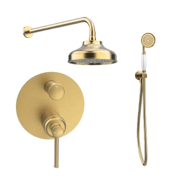 Brushed Brass 2 Outlet Wall Mounted Mixer Shower Set With Hand Shower & Slide Rail Kit - Lyla