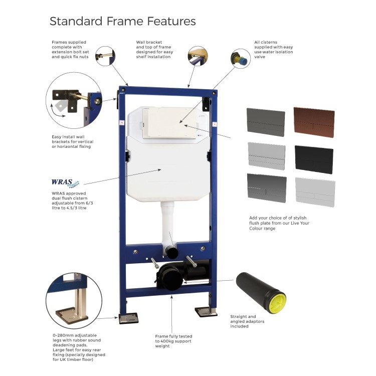 1180mm Wall Hung Toilet Frame & Satin Dual Flush Plate with Concealed Cistern - Live Your Colour