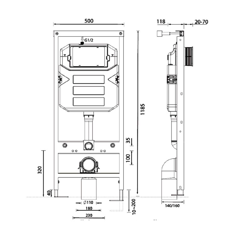 1180mm Wall Hung Toilet Frame & Satin Dual Flush Plate with Concealed Cistern - Live Your Colour