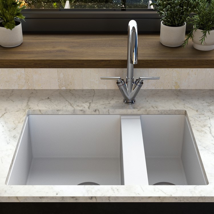 1.5 Bowl Undermount White Granite Composite Kitchen Sink Reversible - Enza Madison