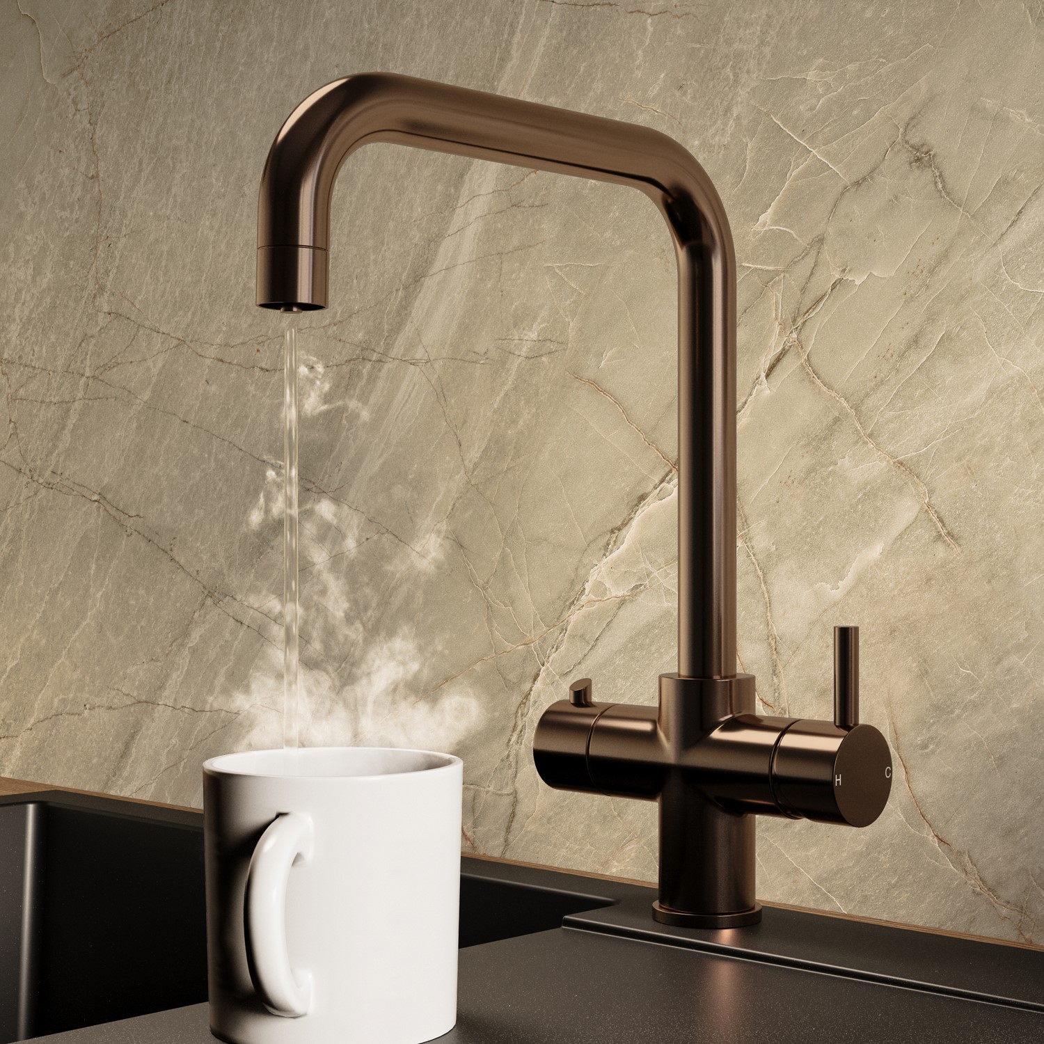 Brushed Bronze 3 in 1 Instant Boiling Hot Kitchen Mixer Square Tap with 3L Boiler - Pronto Vesta