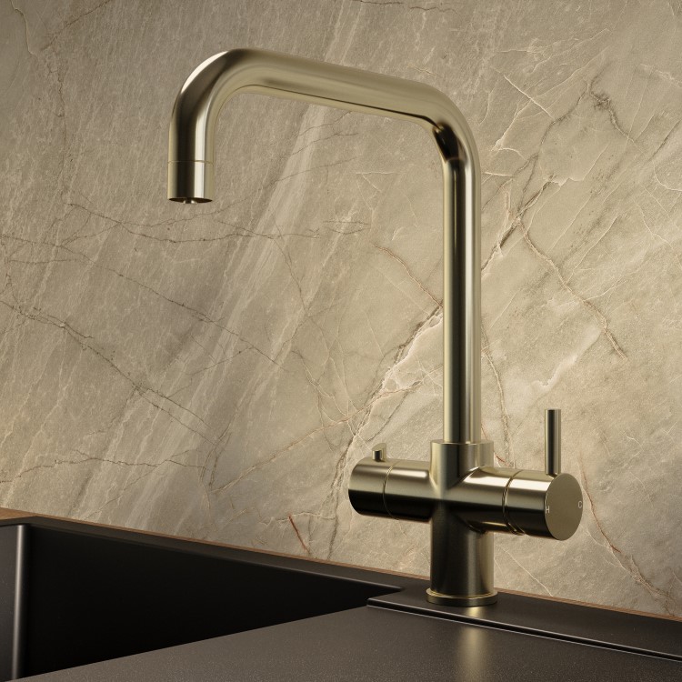 Brushed Brass 3 in 1 Instant Boiling Hot Kitchen Mixer Square Tap with 3L Boiler - Pronto Vesta