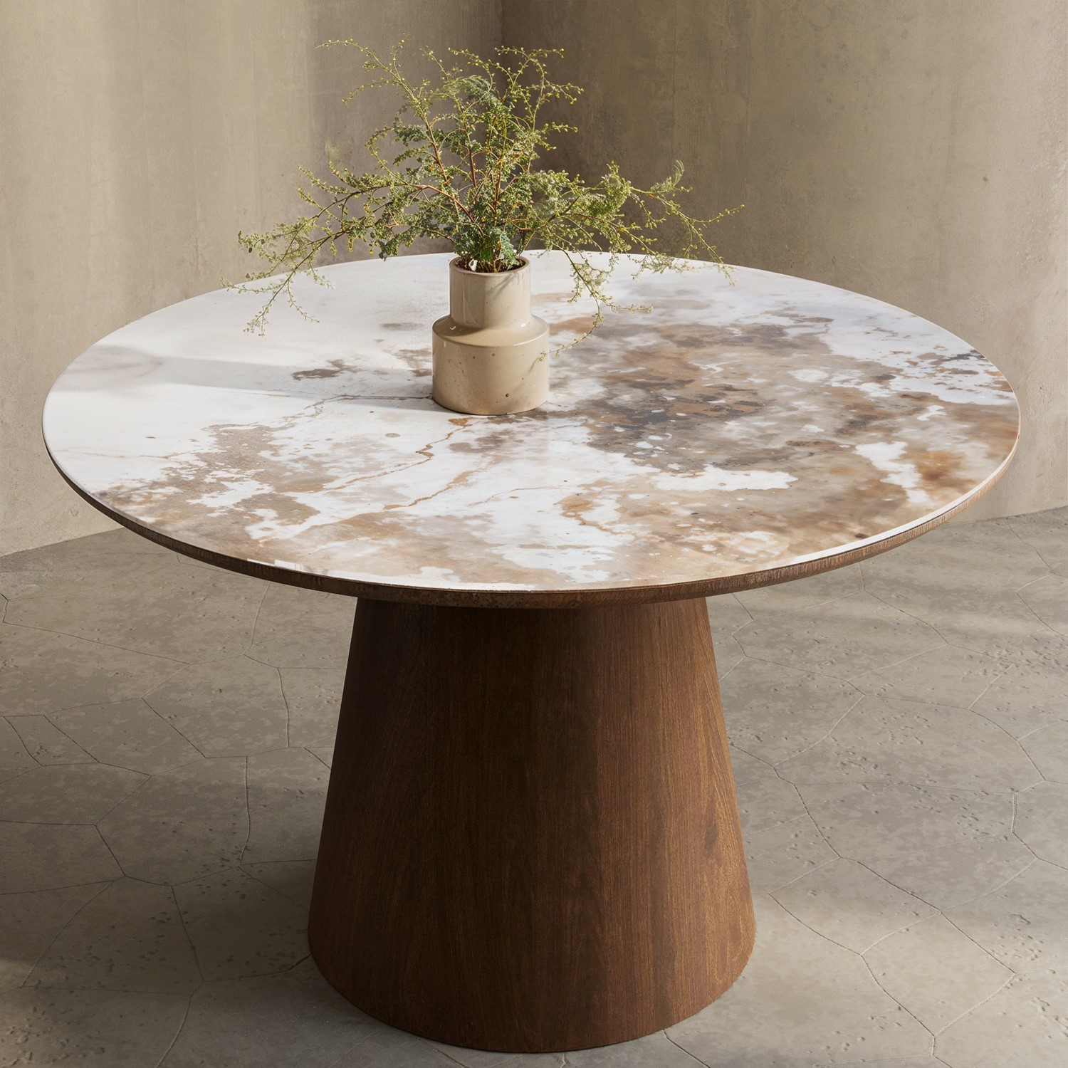 Round Walnut and Marble Effect Pedestal ...