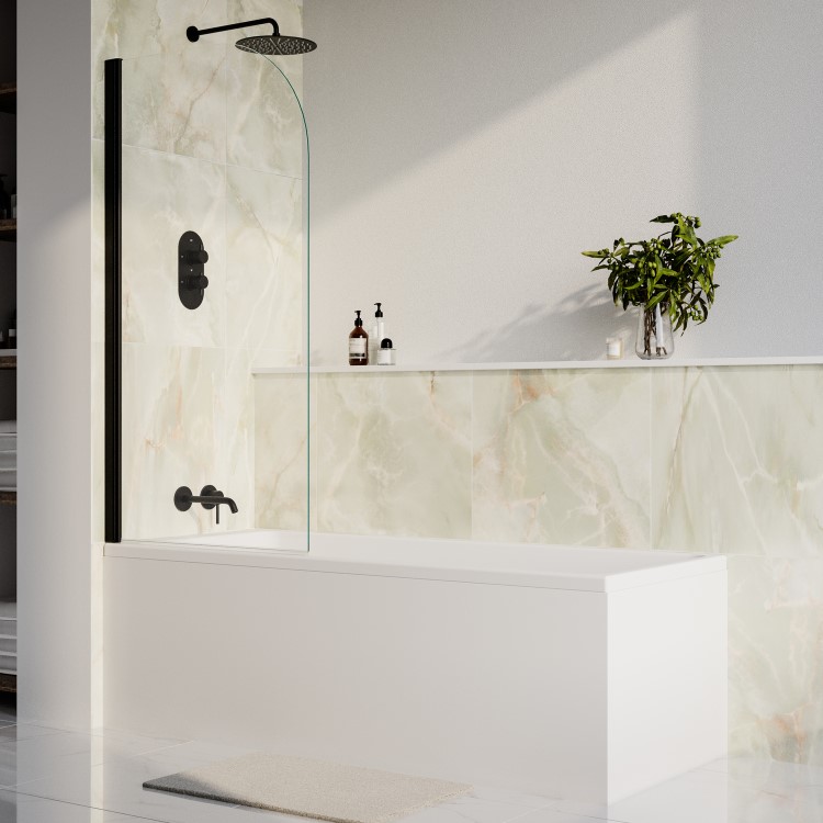 Matt White Single Ended Shower Bath with Front Panel & Matt Black Screen 1700 x 700mm - Malden