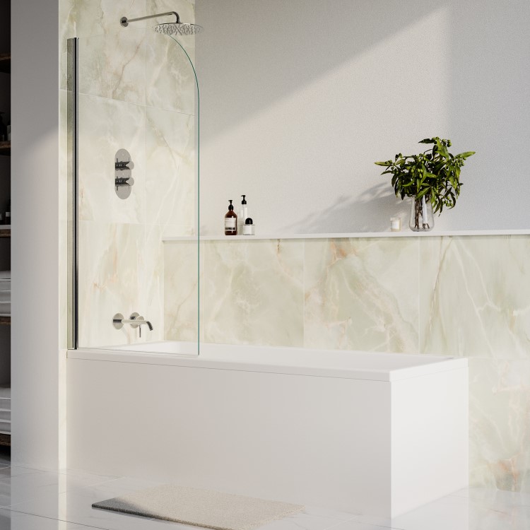 Matt White Single Ended Shower Bath with Front Panel & Chrome Screen 1700 x 700mm - Malden