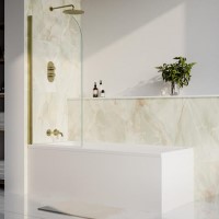 Matt White Single Ended Shower Bath with Front Panel & Brushed Brass Screen 1700 x 700mm - Malden