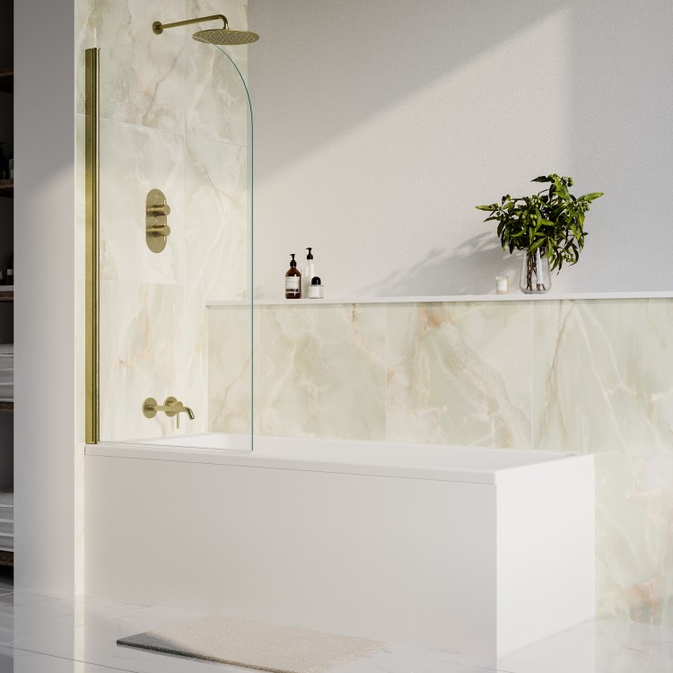 Matt White Single Ended Shower Bath with Front Panel & Brushed Brass Screen 1700 x 700mm - Malden