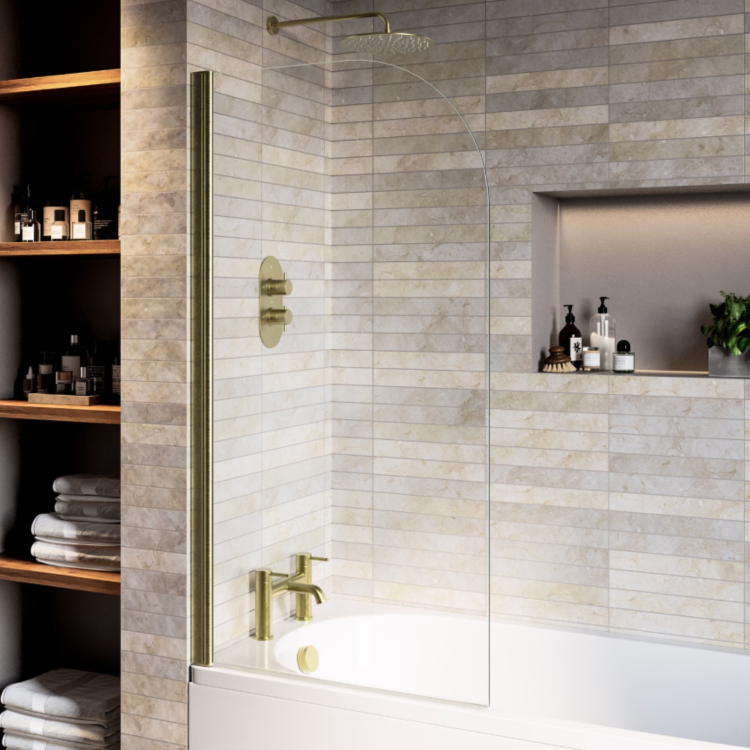 Matt White Single Ended Shower Bath with Front Panel & Brushed Brass Screen 1700 x 700mm - Malden