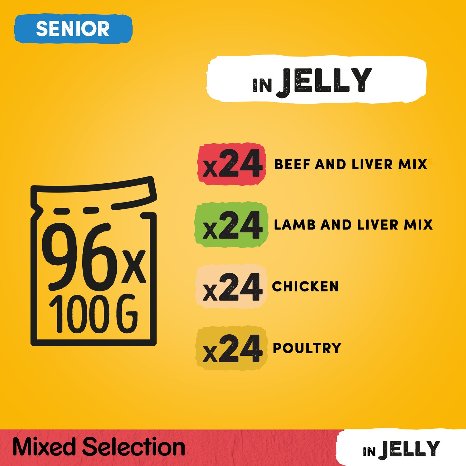 96 x 100g Pedigree Senior Wet Dog Food Pouches Mixed Selection In Jelly
