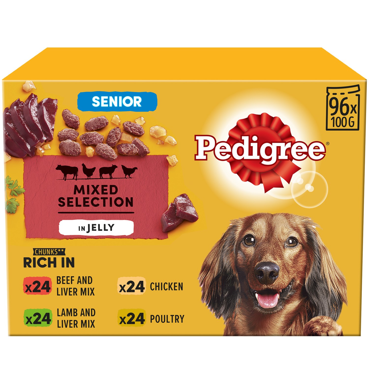 96 x 100g Pedigree Senior Wet Dog Food Pouches Mixed Selection In Jelly