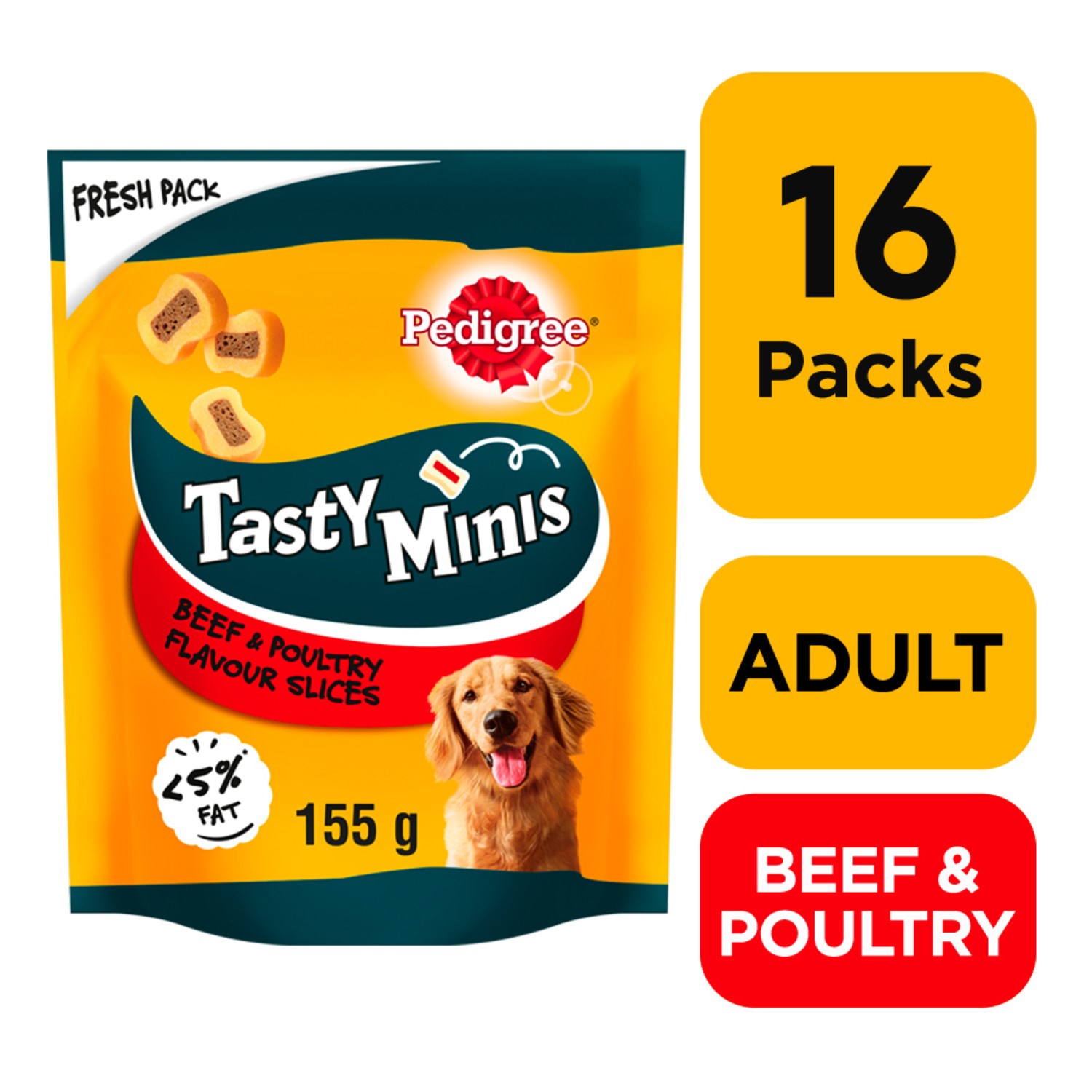 16 x 155g Pedigree Tasty Bites Minis Dog Treats Chewy Slices Beef & Poultry