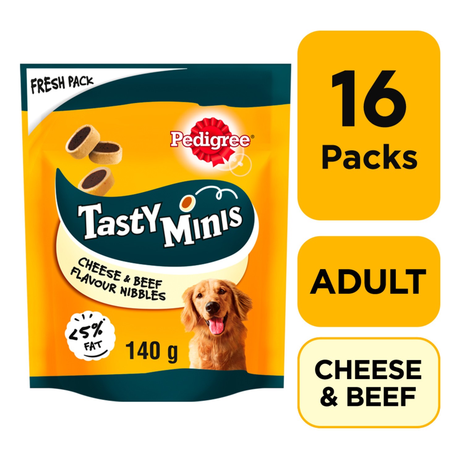 16 x 140g Pedigree Tasty Bites Minis Dog Treats Cheesy Nibbles Cheese & Beef