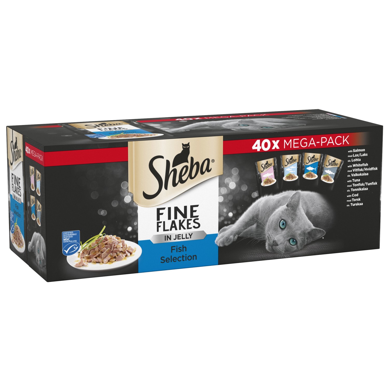 80 x 85g Sheba Fine Flakes Adult Wet Cat Food Pouches Mixed Fish in Jelly