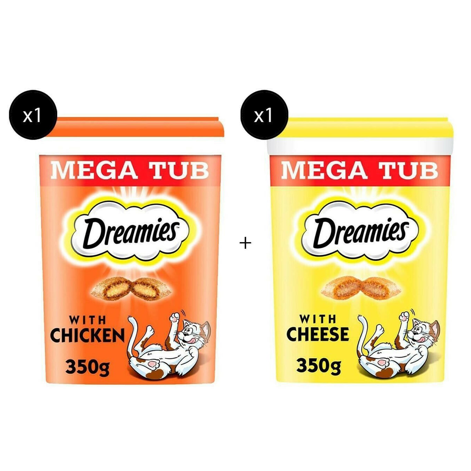 2 x 350g Dreamies Cat Treats Mixed Variety Pack Chicken and Cheese Tubs 700g