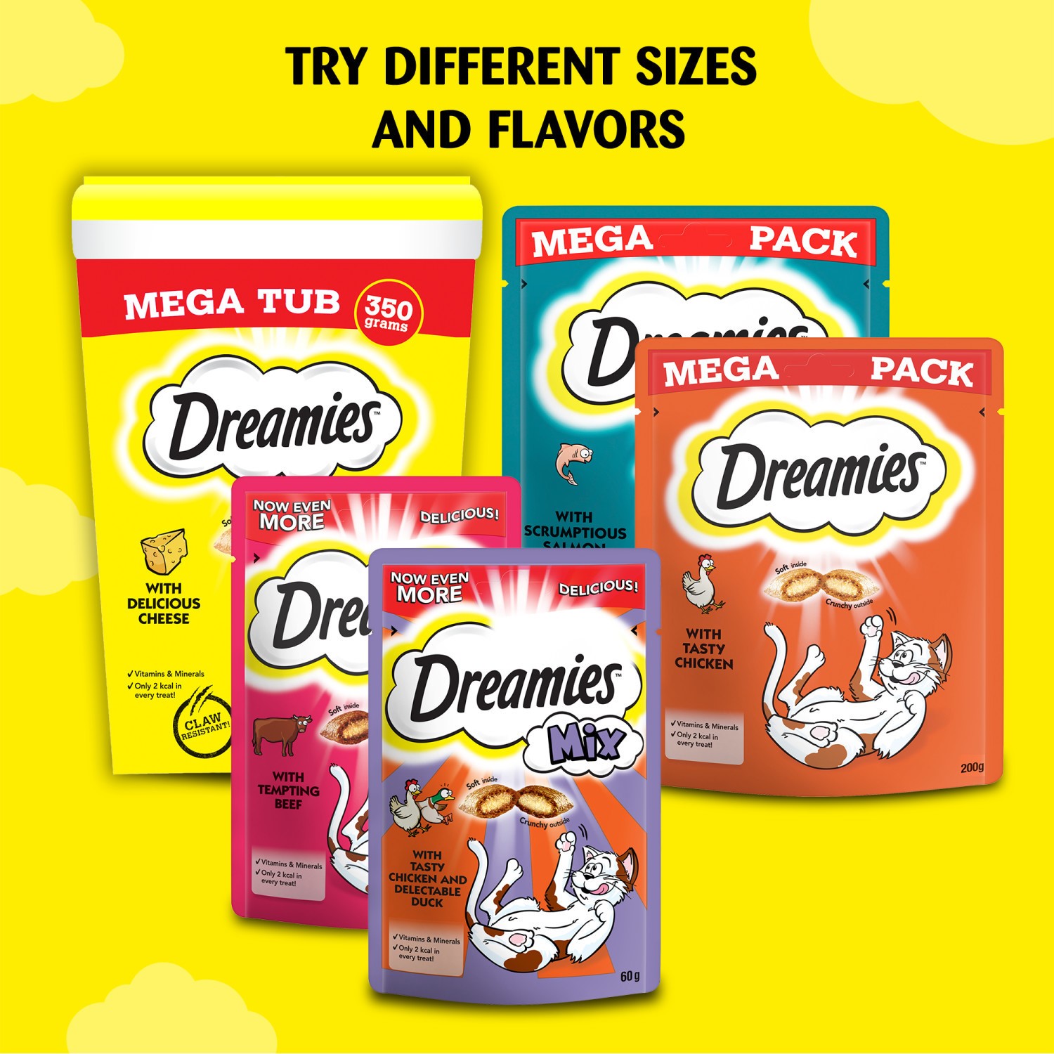 2 x 350g Dreamies Cat Treats Mixed Variety Pack Chicken and Cheese Tubs 700g