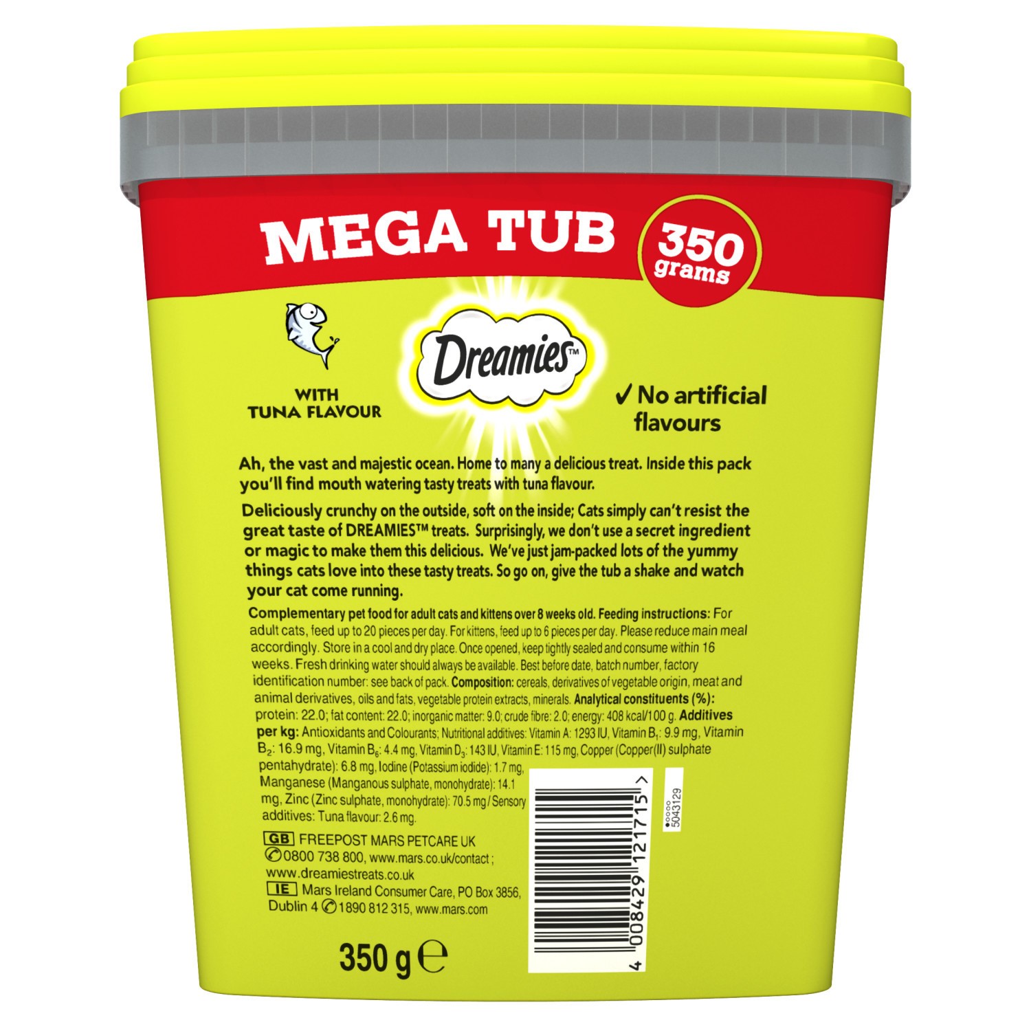 2 x 350g Dreamies Adult Cat Treats Tubs With Tuna Cat Biscuits Total 700g