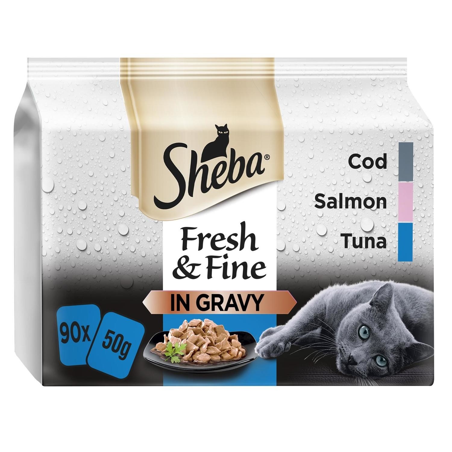 90 x 50g Sheba Fresh & Fine Adult Wet Cat Food Pouches Mixed Fish In Gravy