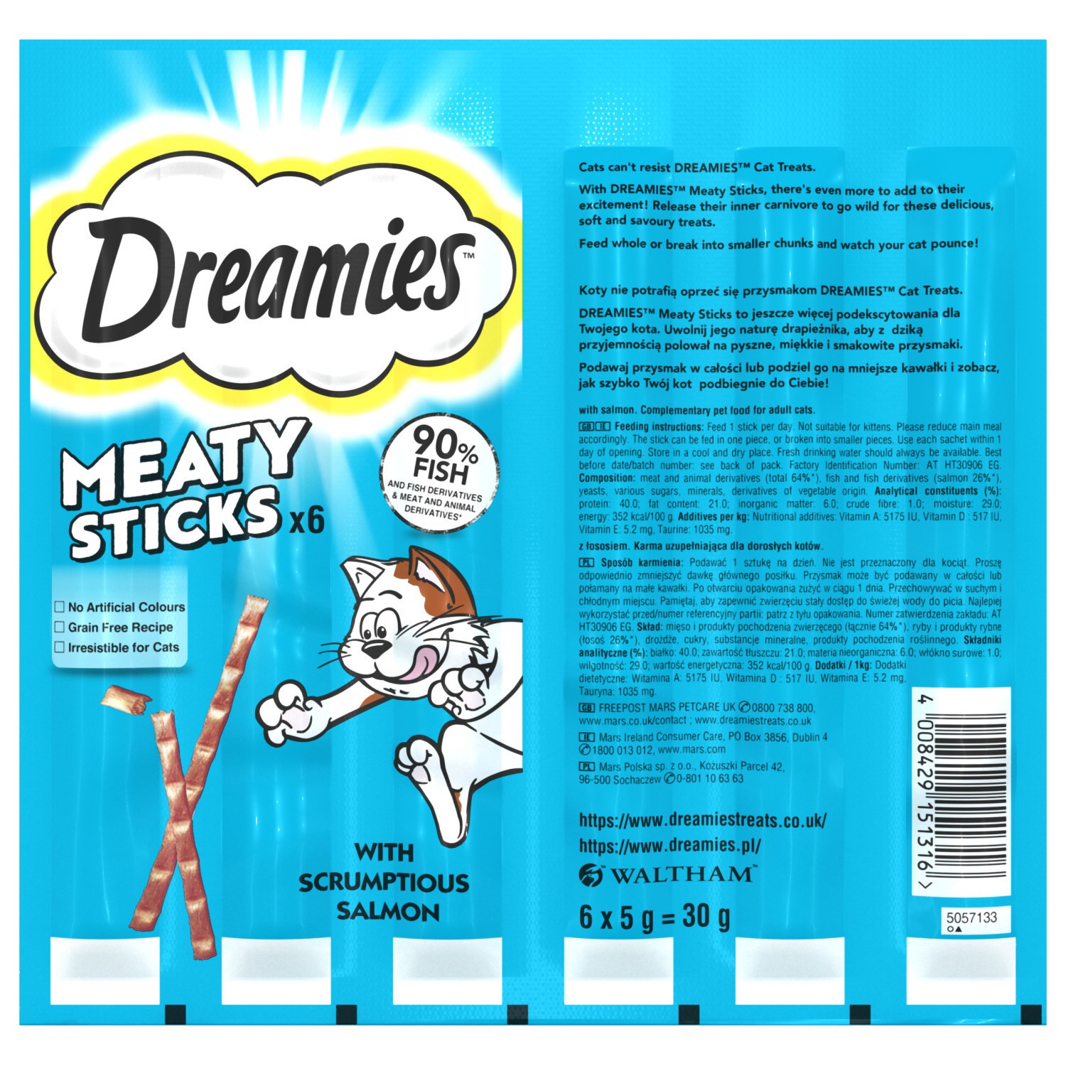 84 Dreamies Meaty Sticks Adult Cat Treats Scrumptious Salmon Cat Sticks 14x30g