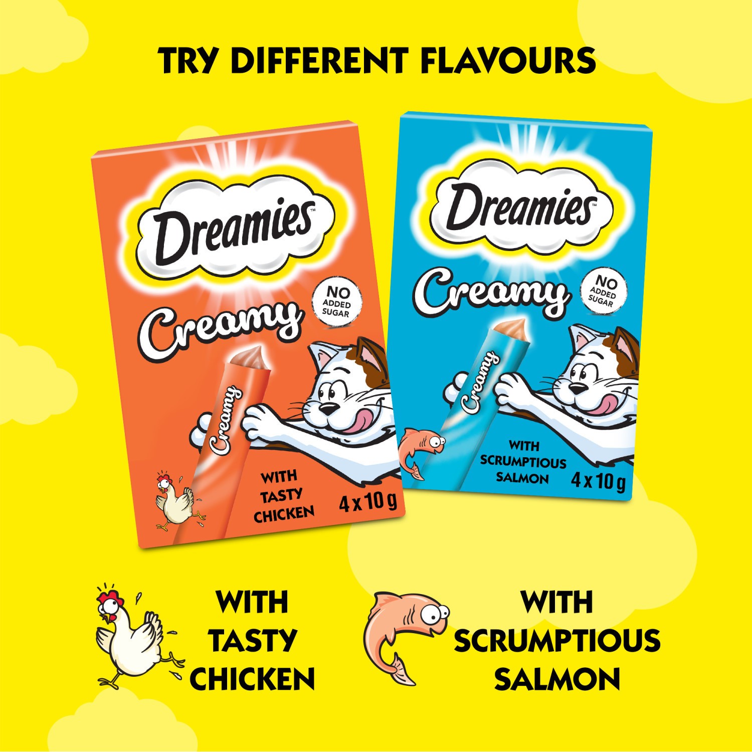 44 x 10g Dreamies Creamy Adult Cat & Kitten Treats Scrumptious Salmon 11x40g