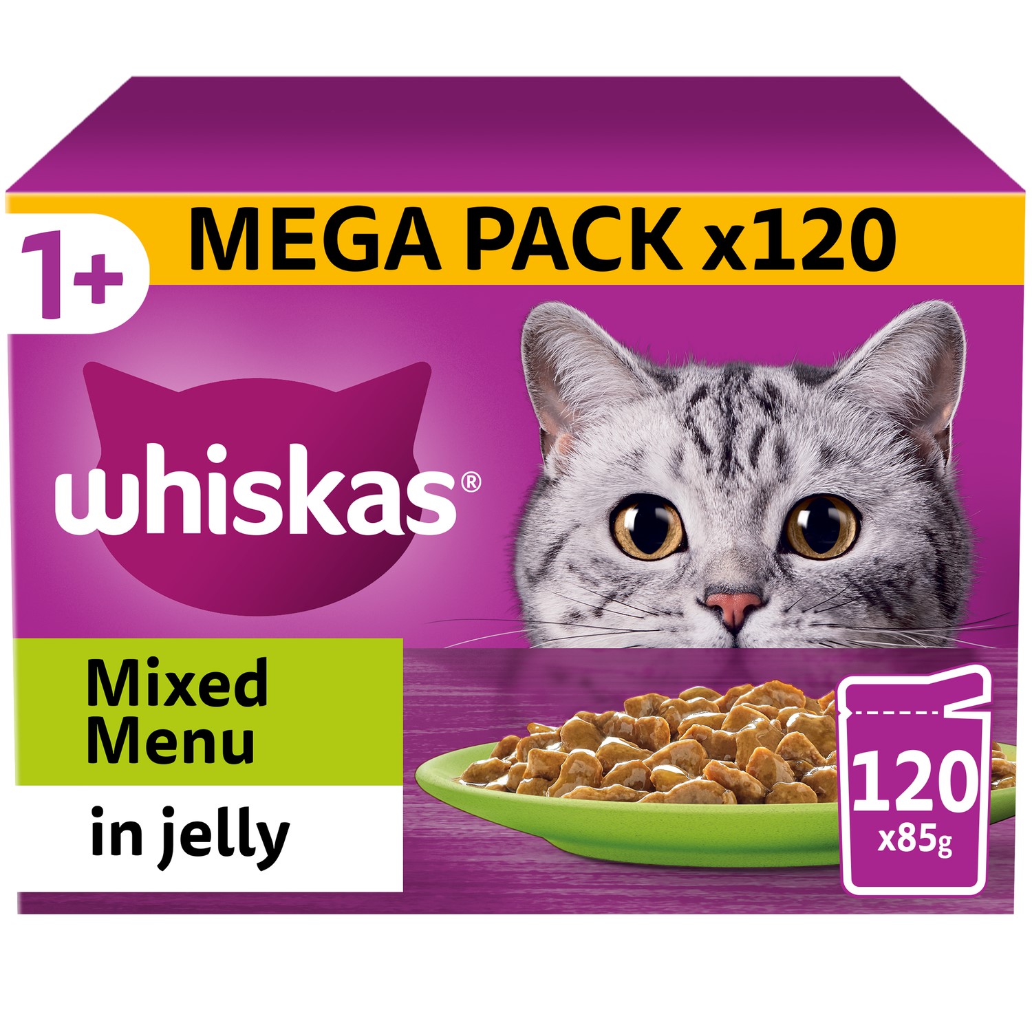 120 x 85g Whiskas 1+ Mixed Menu Mixed Adult Wet Cat Food Pouches in Jelly