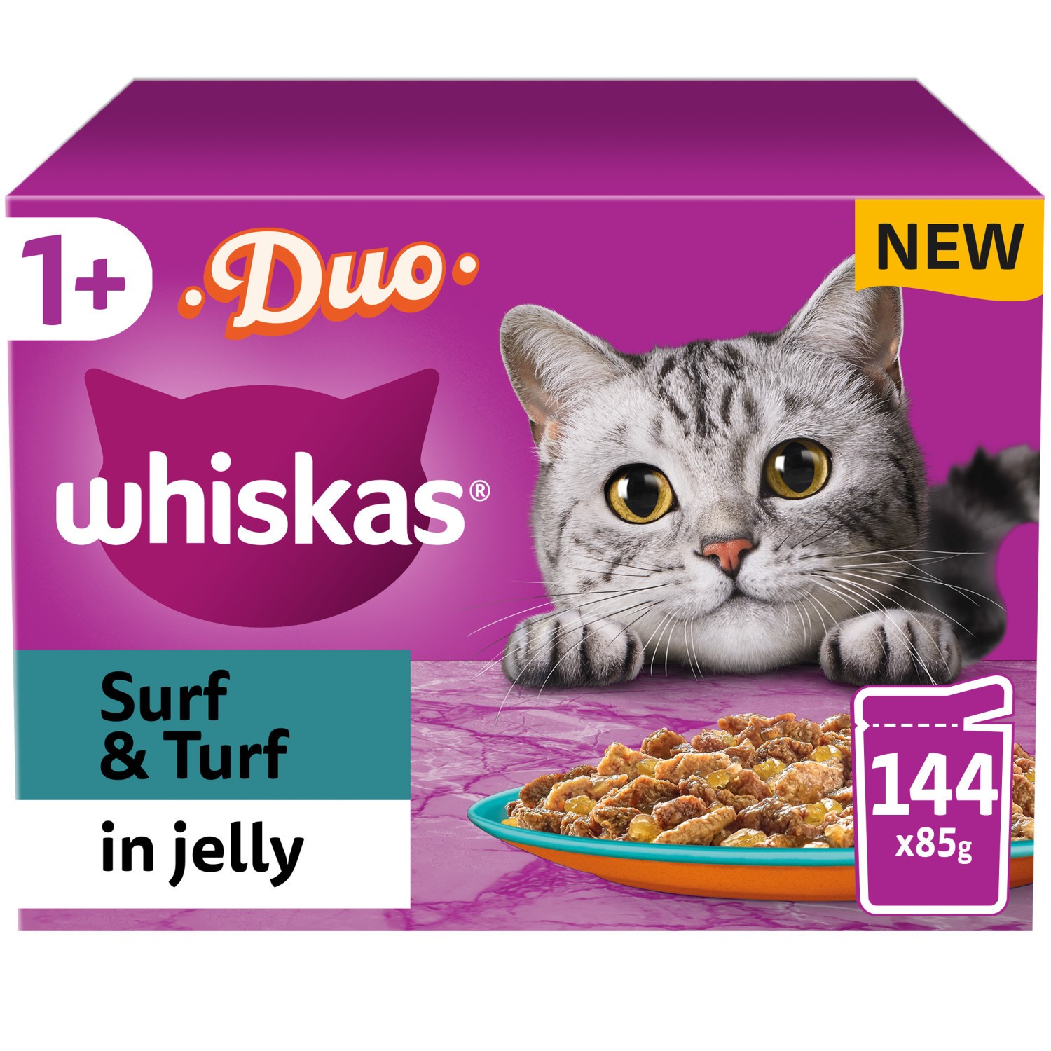 144 x 85g Whiskas 1+ Duo Surf & Turf Mixed Adult Wet Cat Food Pouches in Jelly