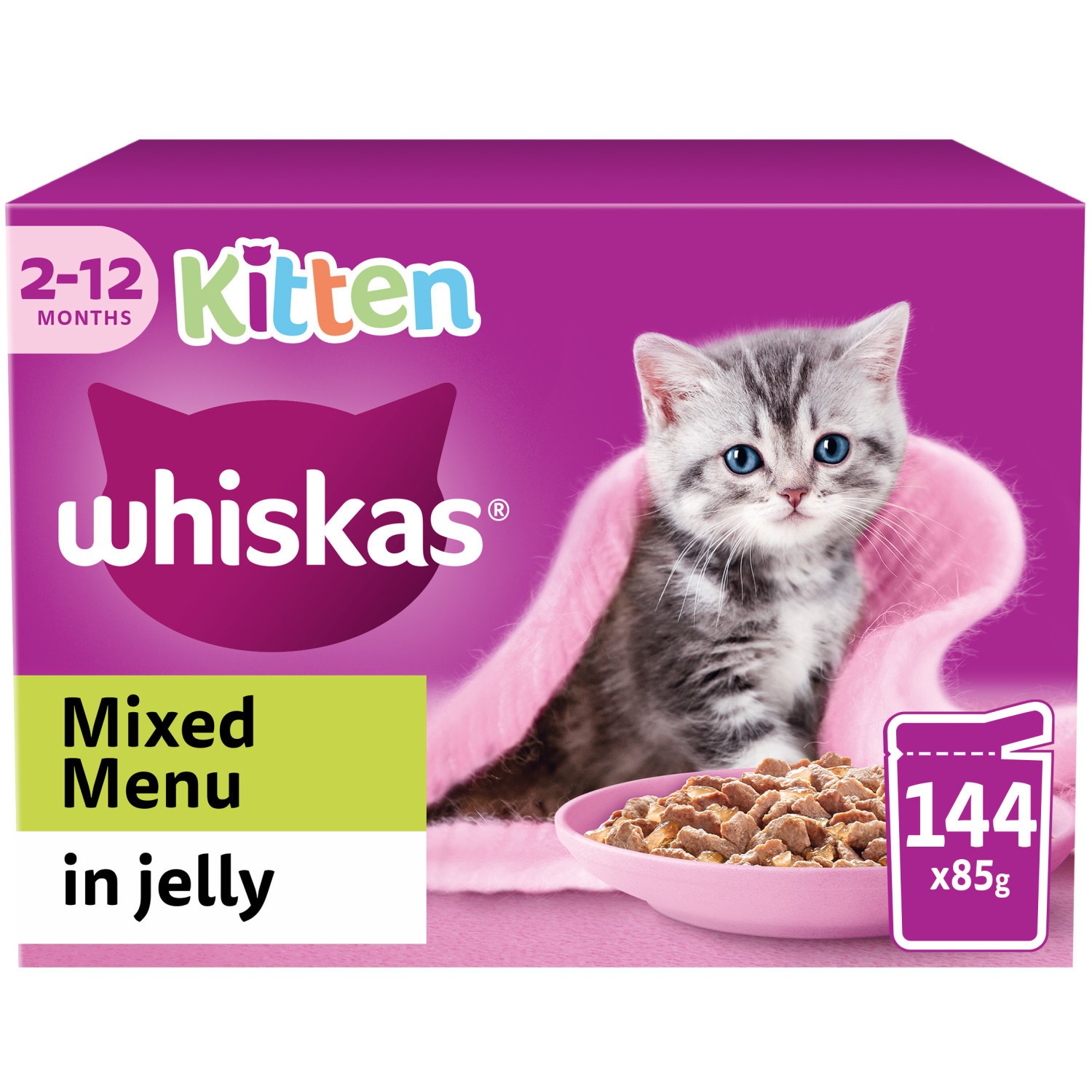 144 x 85g Whiskas Kitten Mixed Menu Wet Cat Food Pouches in Jelly