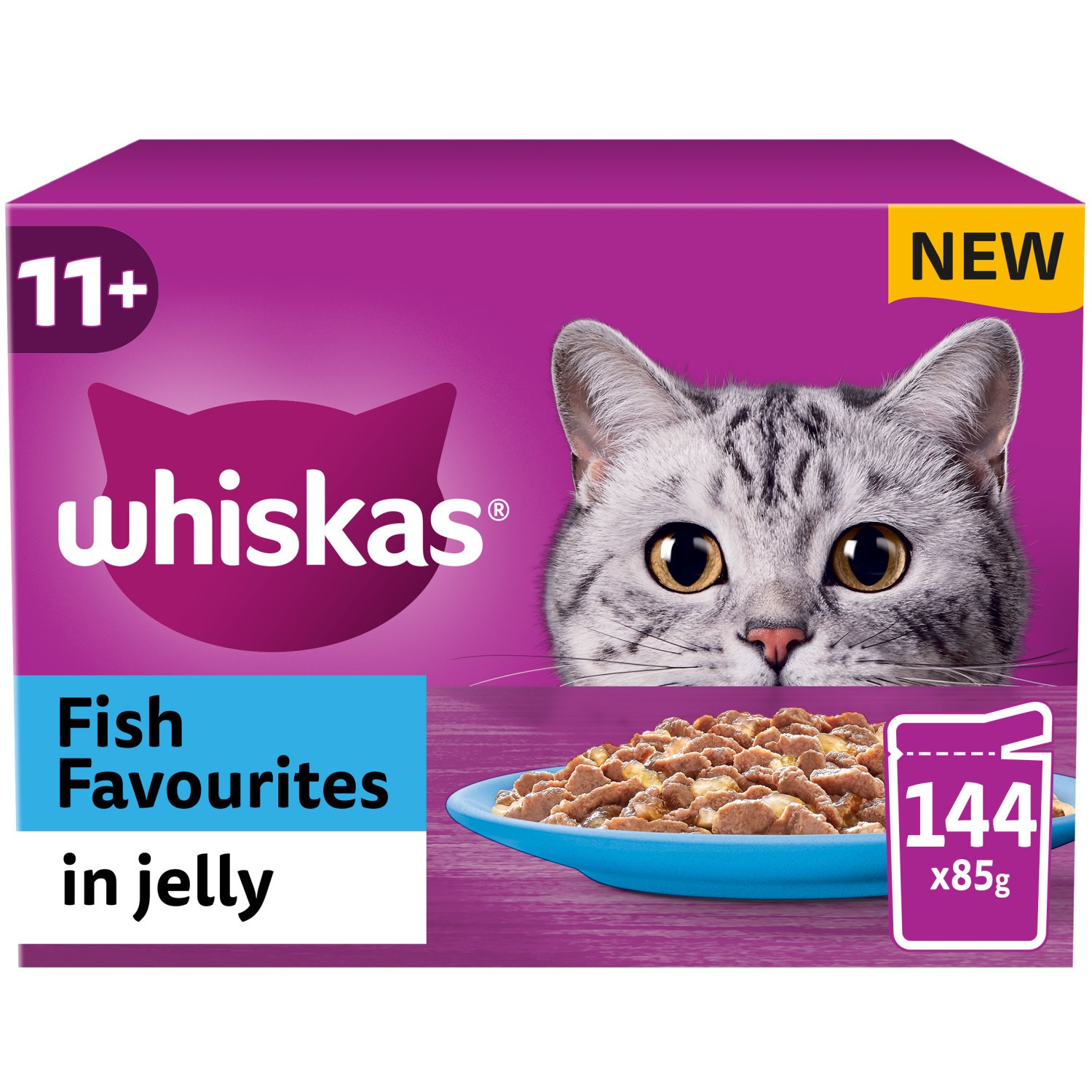 144 x 85g Whiskas 11+ Fish Favourites Mixed Senior Wet Cat Food Pouches in Jelly