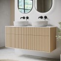 BUN/MATI1240/85951 1250mm Wooden Fluted Wall Hung Double Countertop Vanity Unit with Stone Effect Basins - Matira