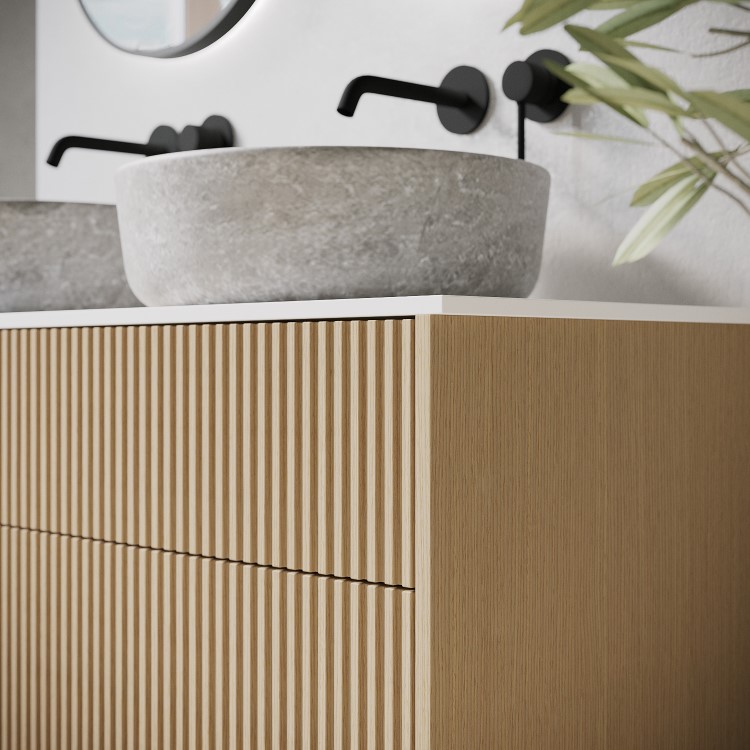 1250mm Wooden Fluted Wall Hung Double Countertop Vanity Unit with Stone Effect Basins - Matira