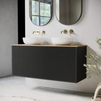 1250mm Black Wooden Fluted Wall Hung Countertop Double Vanity Unit with Wood Effect Worktop and Round Basin - Matira
