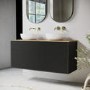 1250mm Black Wooden Fluted Wall Hung Countertop Double Vanity Unit with Wood Effect Worktop and Round Basin - Matira