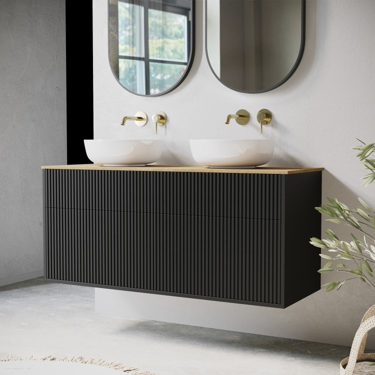 1250mm Black Wooden Fluted Wall Hung Countertop Double Vanity Unit with Wood Effect Worktop and Round Basin - Matira