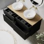 1250mm Black Wooden Fluted Wall Hung Countertop Double Vanity Unit with Wood Effect Worktop and Round Basin - Matira