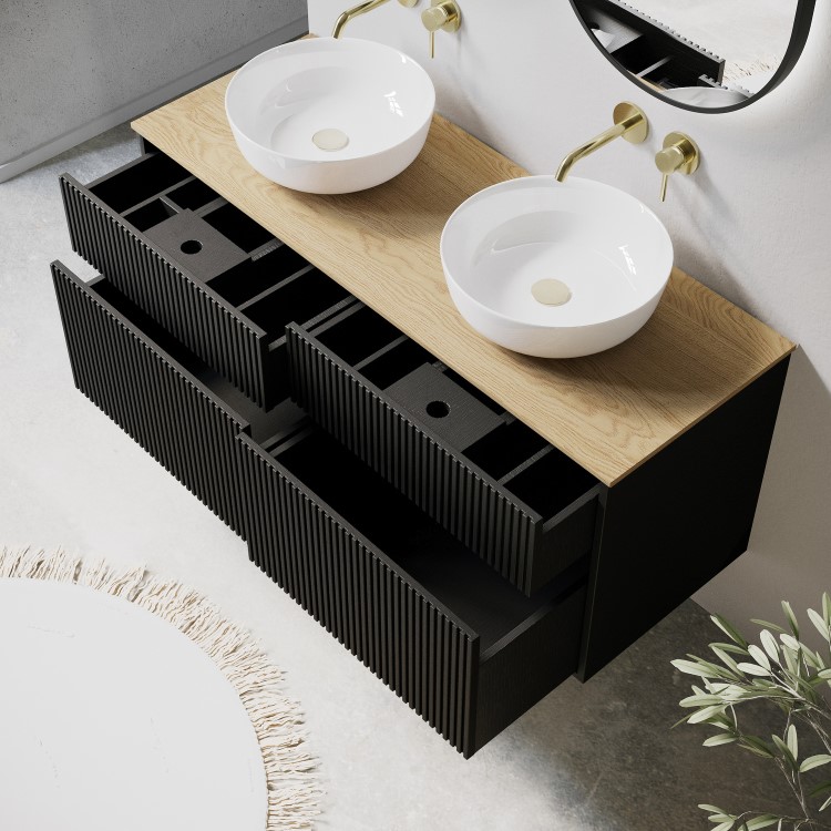 1250mm Black Wooden Fluted Wall Hung Countertop Double Vanity Unit with Wood Effect Worktop and Round Basin - Matira