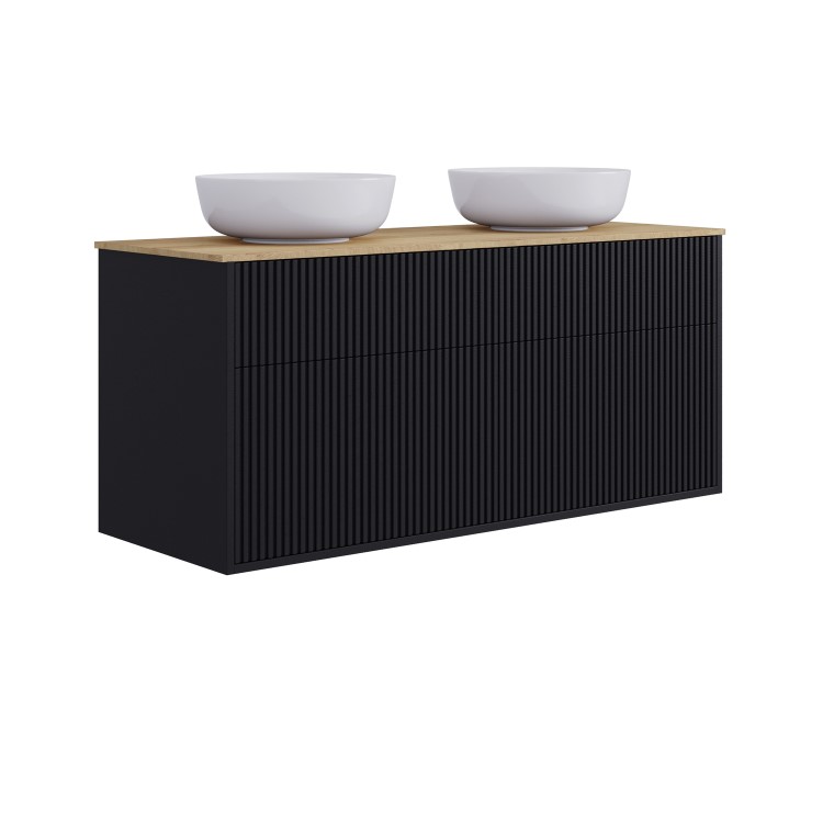 1250mm Black Wooden Fluted Wall Hung Countertop Double Vanity Unit with Wood Effect Worktop and Round Basin - Matira