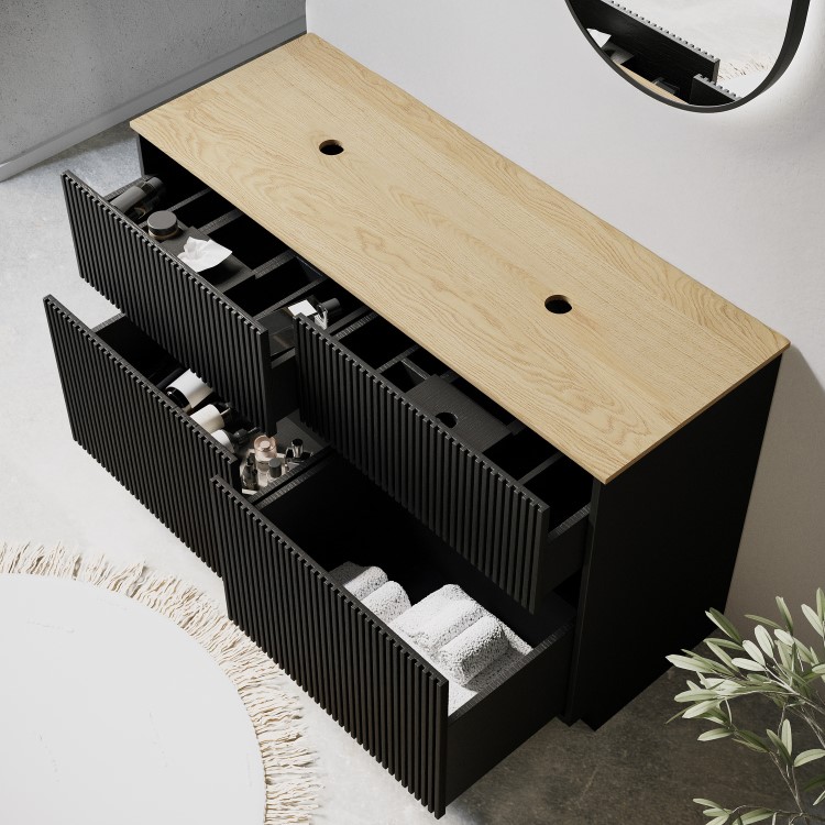 1250mm Black Wooden Freestanding Countertop Double Vanity Unit with Wood Effect Worktop - Matira