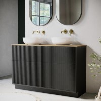 1250mm Black Wooden Freestanding Countertop Double Vanity Unit with Wood Effect Worktop and Round Basin - Matira