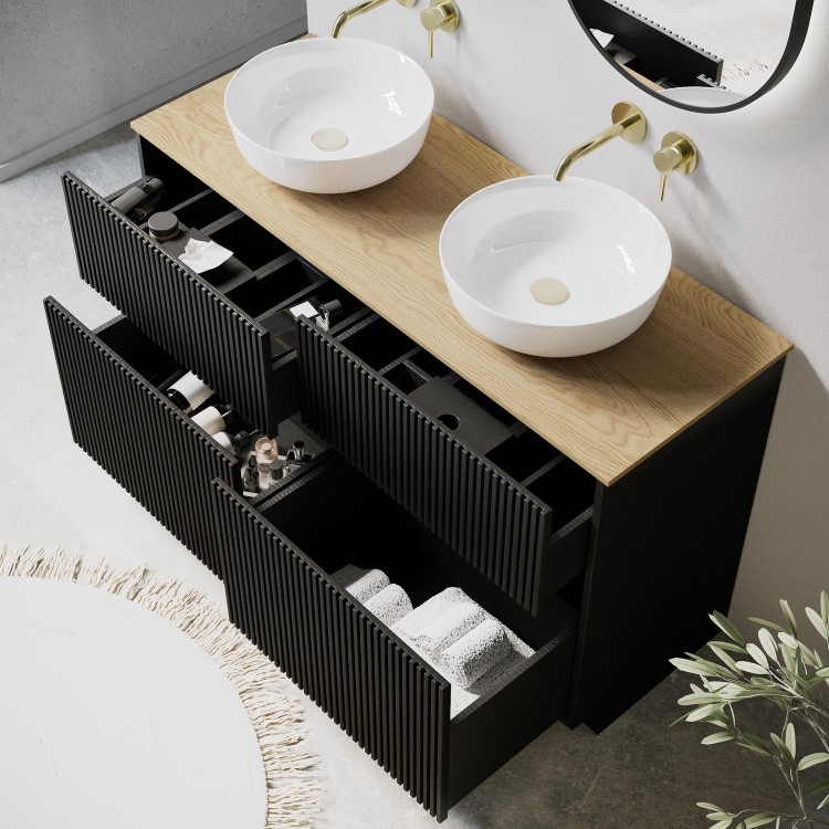 1250mm Black Wooden Freestanding Countertop Double Vanity Unit with Wood Effect Worktop and Round Basin - Matira